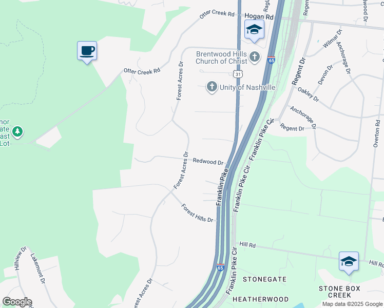 map of restaurants, bars, coffee shops, grocery stores, and more near 814 Redwood Drive in Nashville