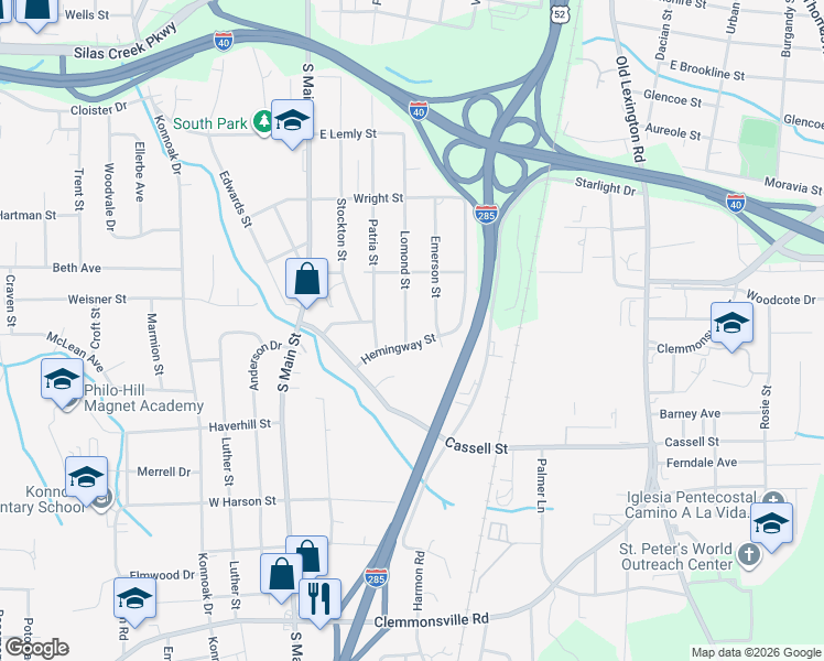 map of restaurants, bars, coffee shops, grocery stores, and more near 3000 Lomond Street in Winston-Salem