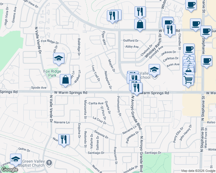 map of restaurants, bars, coffee shops, grocery stores, and more near 407 Raindance Drive in Henderson