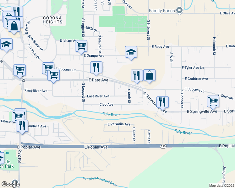 map of restaurants, bars, coffee shops, grocery stores, and more near 1020 East River Avenue in Porterville