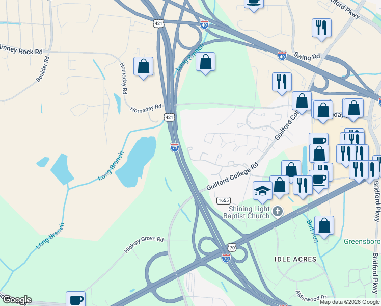 map of restaurants, bars, coffee shops, grocery stores, and more near 5808 Battery Drive in Greensboro