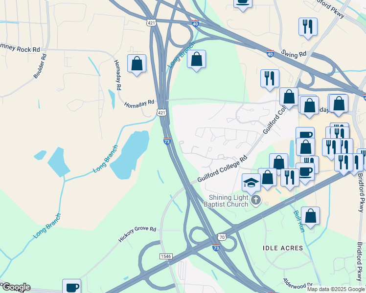 map of restaurants, bars, coffee shops, grocery stores, and more near 5808 Battery Drive in Greensboro