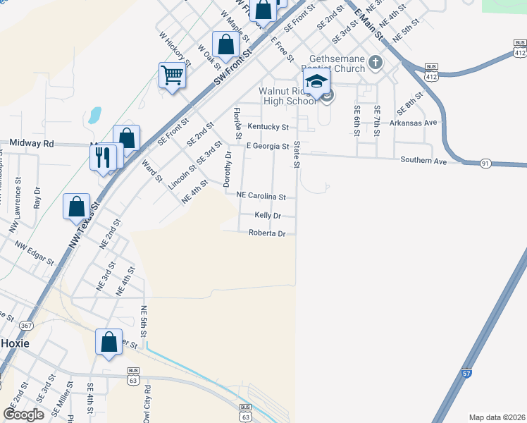 map of restaurants, bars, coffee shops, grocery stores, and more near 609 Kelly Drive in Walnut Ridge