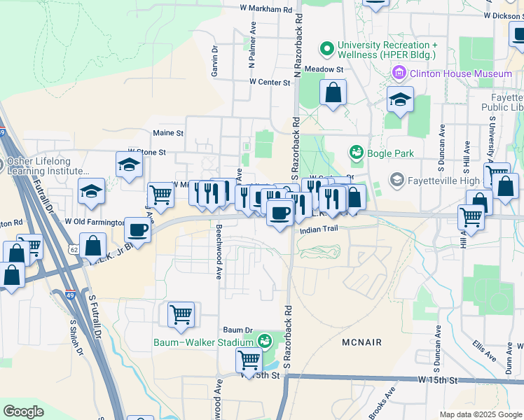 map of restaurants, bars, coffee shops, grocery stores, and more near 1520 Martin Luther King Junior Boulevard in Fayetteville
