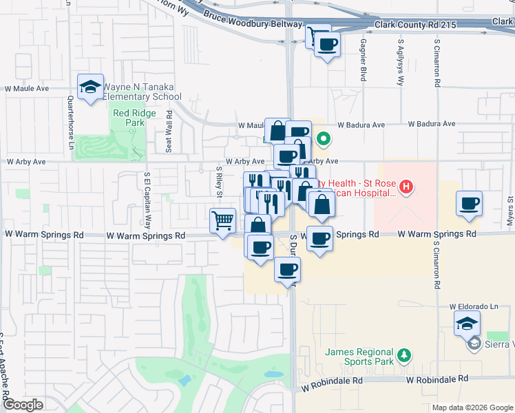 map of restaurants, bars, coffee shops, grocery stores, and more near 7159 South Durango Drive in Las Vegas