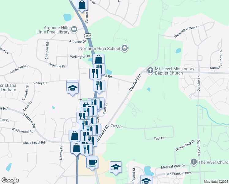 map of restaurants, bars, coffee shops, grocery stores, and more near 4507 Laymans Chapel Road in Durham