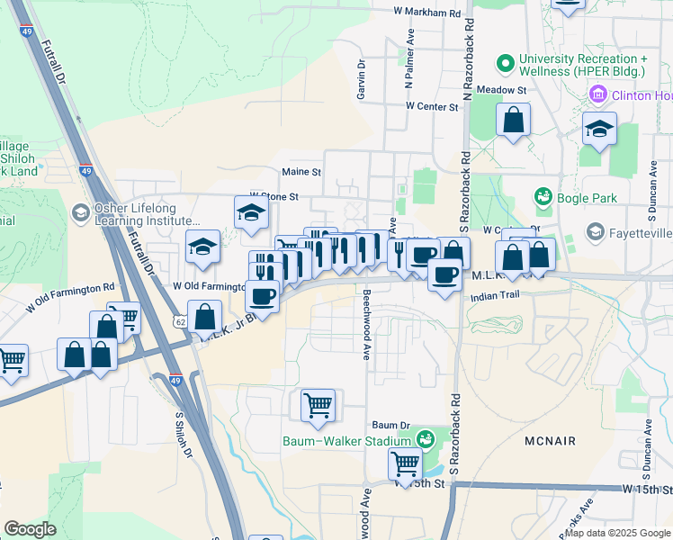 map of restaurants, bars, coffee shops, grocery stores, and more near 1882 Martin Luther King Junior Boulevard in Fayetteville