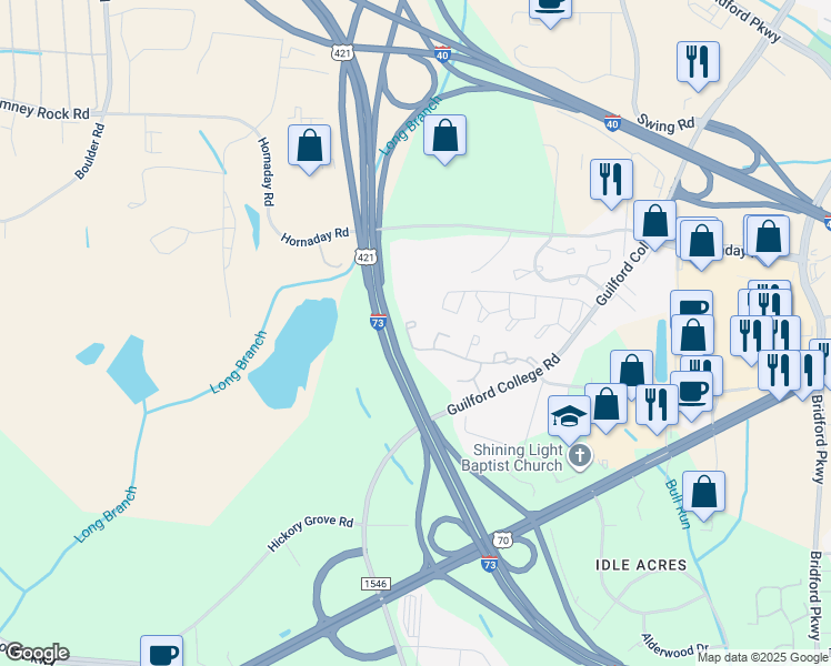 map of restaurants, bars, coffee shops, grocery stores, and more near 5808 Battery Drive in Greensboro