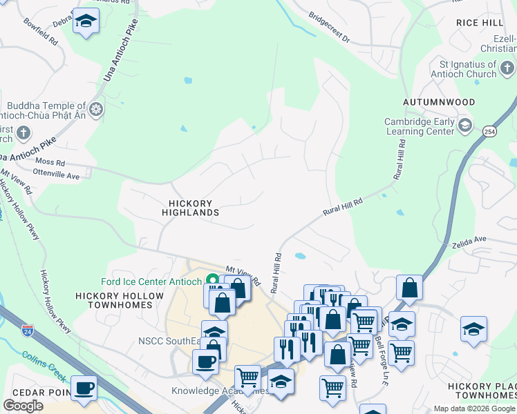 map of restaurants, bars, coffee shops, grocery stores, and more near 4544 Highland Ridge Drive in Nashville