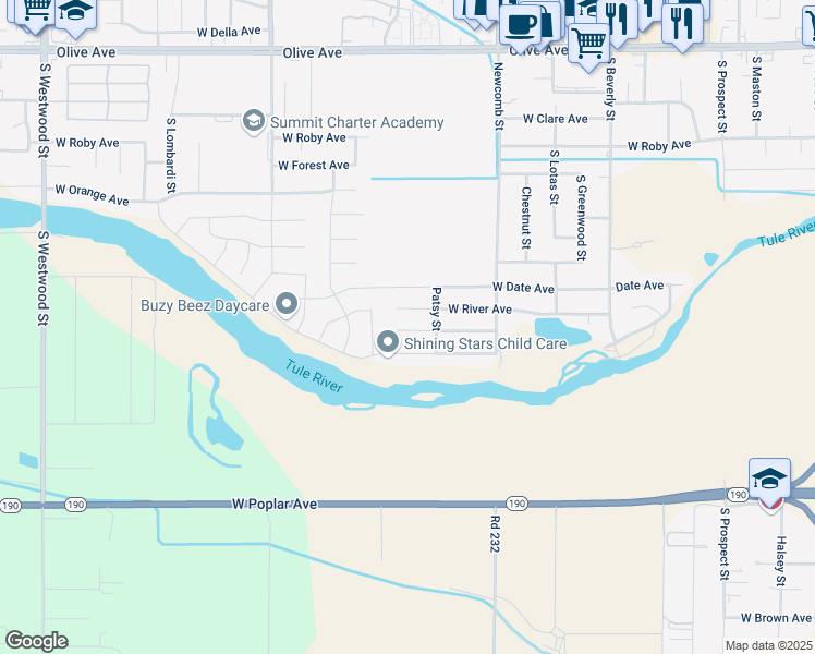 map of restaurants, bars, coffee shops, grocery stores, and more near 1750 West Lloyd Avenue in Porterville