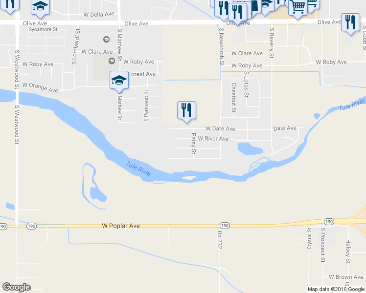 map of restaurants, bars, coffee shops, grocery stores, and more near 1740 West Lloyd Avenue in Porterville
