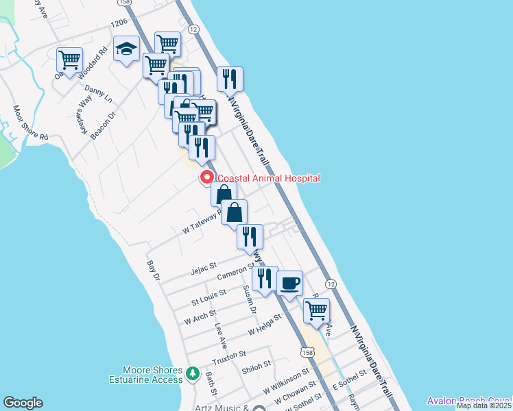 map of restaurants, bars, coffee shops, grocery stores, and more near 118 Willa Lane in Kitty Hawk