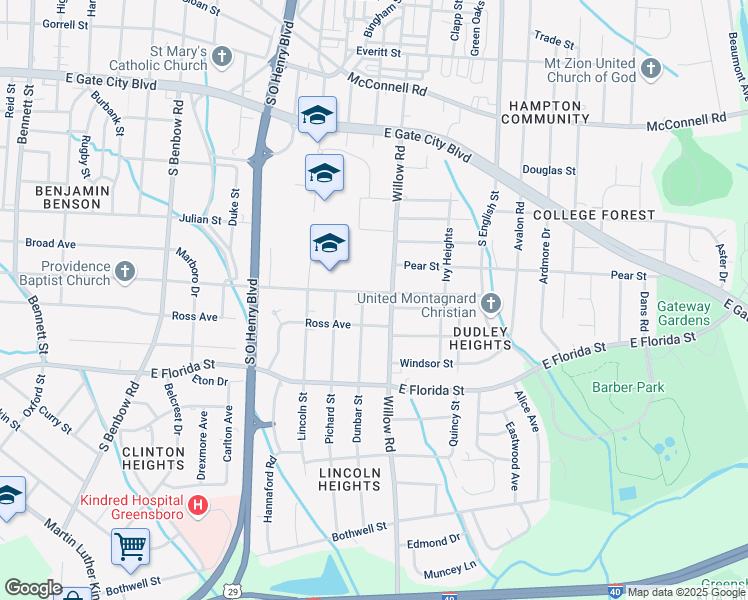 map of restaurants, bars, coffee shops, grocery stores, and more near 1400 Willow Road in Greensboro