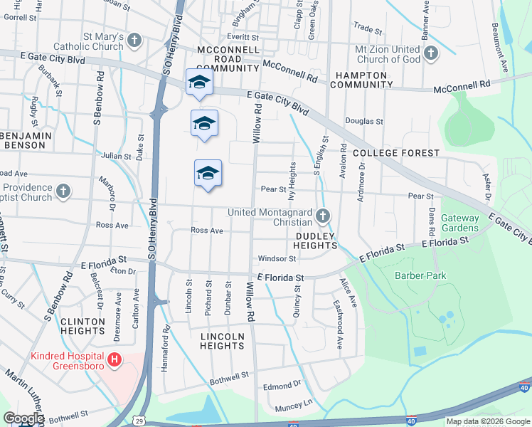 map of restaurants, bars, coffee shops, grocery stores, and more near 2106 Tuscaloosa Street in Greensboro