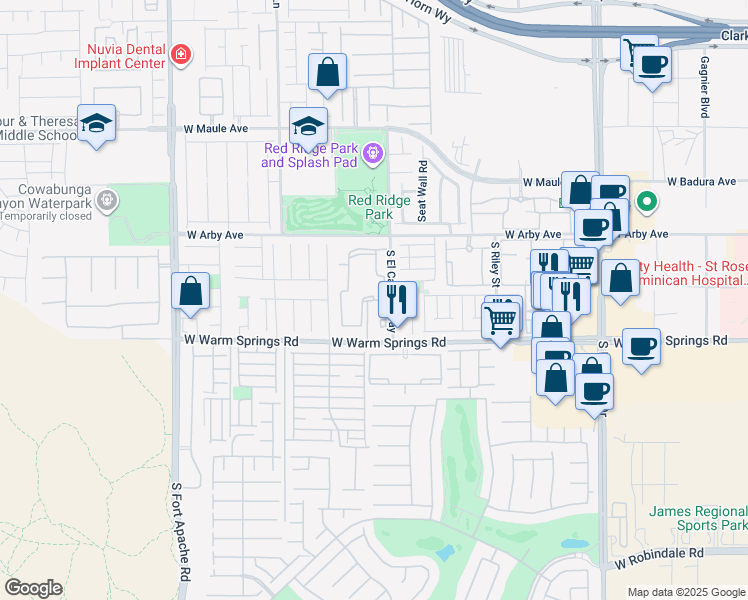map of restaurants, bars, coffee shops, grocery stores, and more near 9050 West Warm Springs Road in Las Vegas