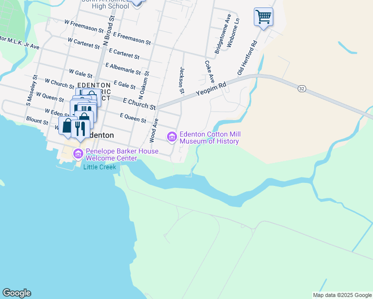 map of restaurants, bars, coffee shops, grocery stores, and more near 110 Cotton Mill Circle in Edenton