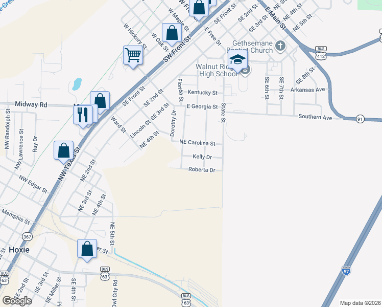 map of restaurants, bars, coffee shops, grocery stores, and more near 609 Kelly Drive in Walnut Ridge