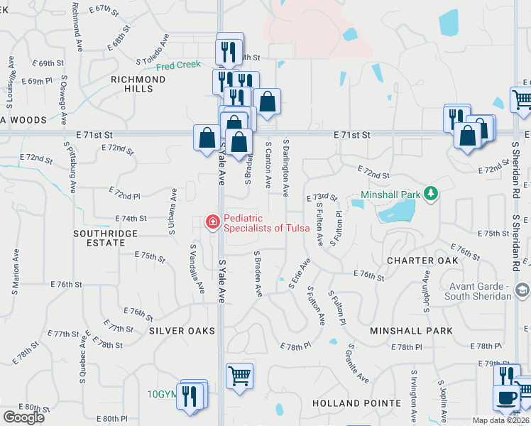 map of restaurants, bars, coffee shops, grocery stores, and more near 7326 South Canton Avenue in Tulsa
