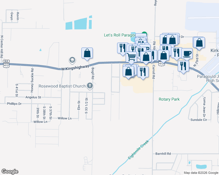 map of restaurants, bars, coffee shops, grocery stores, and more near 302 Walnut Drive in Paragould