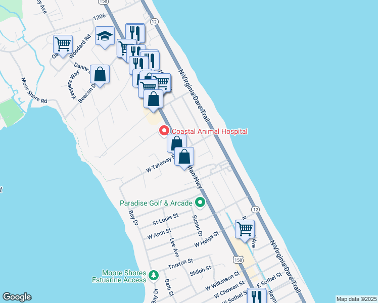 map of restaurants, bars, coffee shops, grocery stores, and more near 103 Tateway Road in Kitty Hawk