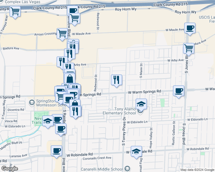 map of restaurants, bars, coffee shops, grocery stores, and more near 6650 West Warm Springs Road in Las Vegas