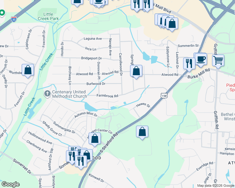 map of restaurants, bars, coffee shops, grocery stores, and more near 2725 Farmbrook Road in Winston-Salem