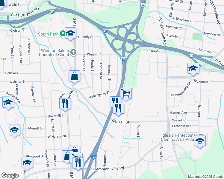 map of restaurants, bars, coffee shops, grocery stores, and more near 401 Hemingway Street in Winston-Salem