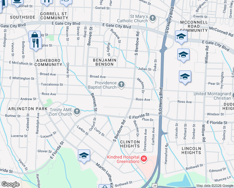 map of restaurants, bars, coffee shops, grocery stores, and more near 919 Ross Avenue in Greensboro