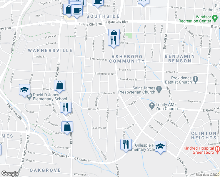 map of restaurants, bars, coffee shops, grocery stores, and more near 1011 Caldwell Street in Greensboro