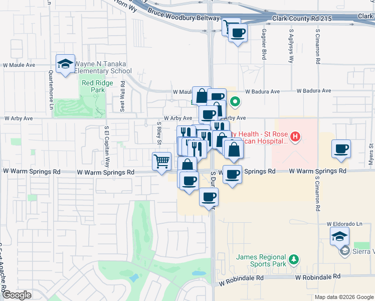 map of restaurants, bars, coffee shops, grocery stores, and more near 7155 South Durango Drive in Las Vegas