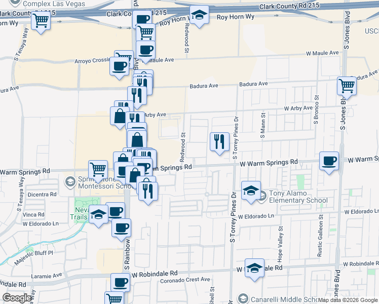 map of restaurants, bars, coffee shops, grocery stores, and more near 6650 West Warm Springs Road in Las Vegas