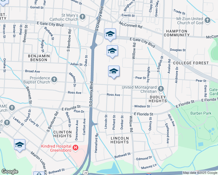 map of restaurants, bars, coffee shops, grocery stores, and more near 1403 Lincoln Street in Greensboro