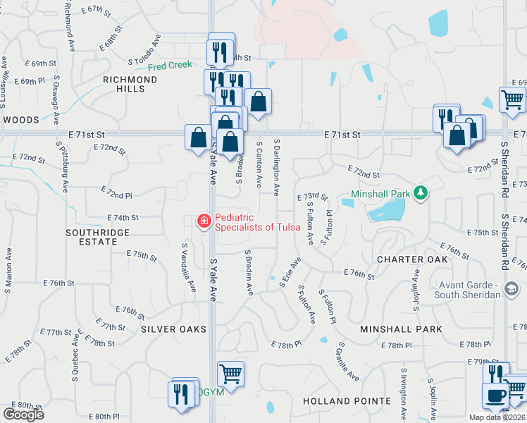 map of restaurants, bars, coffee shops, grocery stores, and more near 7325 South Canton Avenue in Tulsa