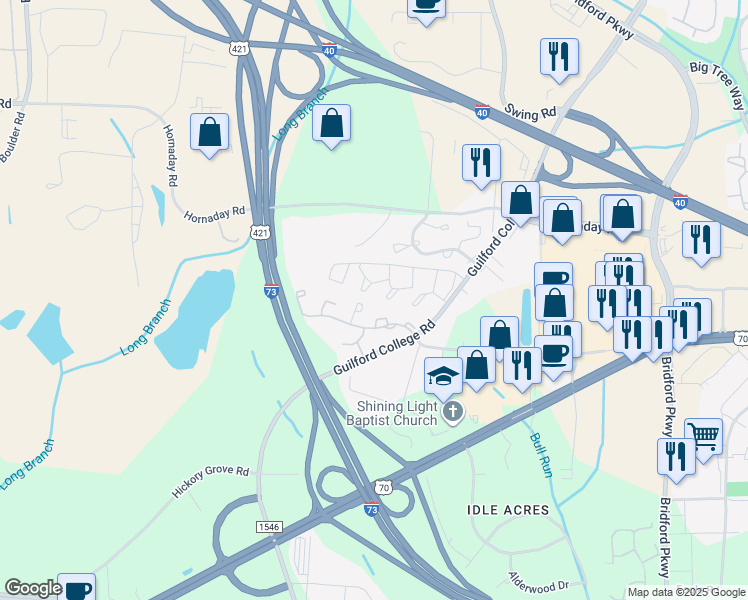 map of restaurants, bars, coffee shops, grocery stores, and more near 5729 Bramblegate Road in Greensboro