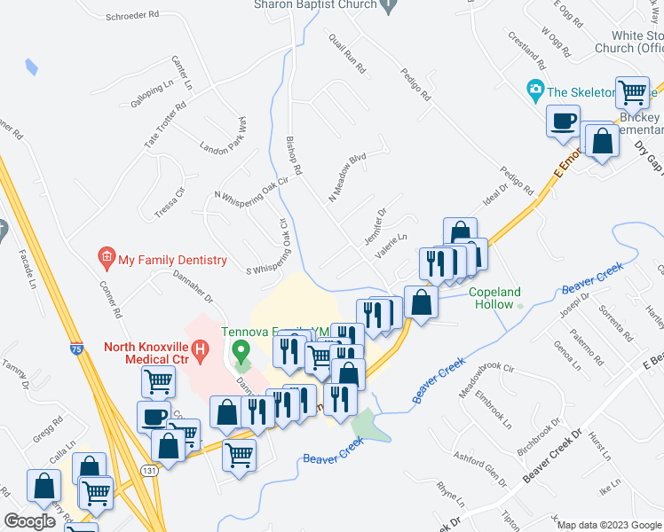 map of restaurants, bars, coffee shops, grocery stores, and more near 712 Genesis Lane in Knoxville