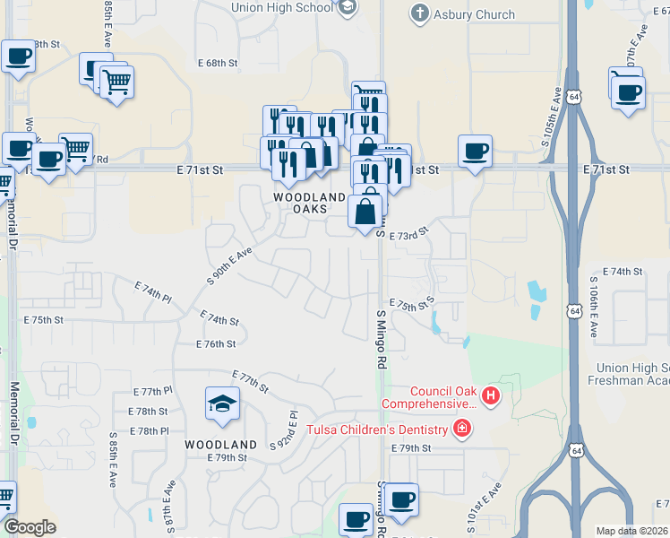 map of restaurants, bars, coffee shops, grocery stores, and more near 7425 South 94th East Avenue in Tulsa