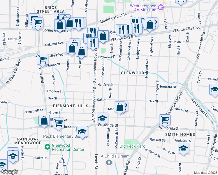 map of restaurants, bars, coffee shops, grocery stores, and more near 1102 Neal Street in Greensboro