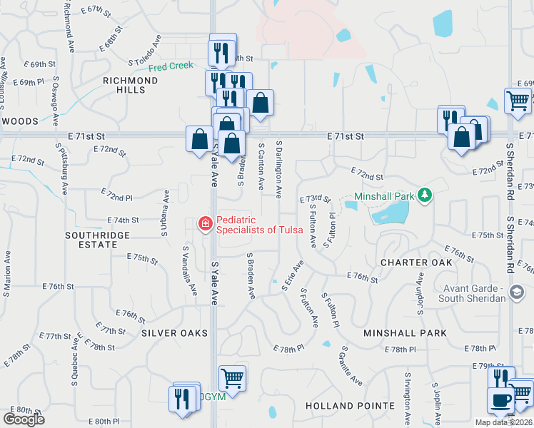 map of restaurants, bars, coffee shops, grocery stores, and more near 7325 South Canton Avenue in Tulsa