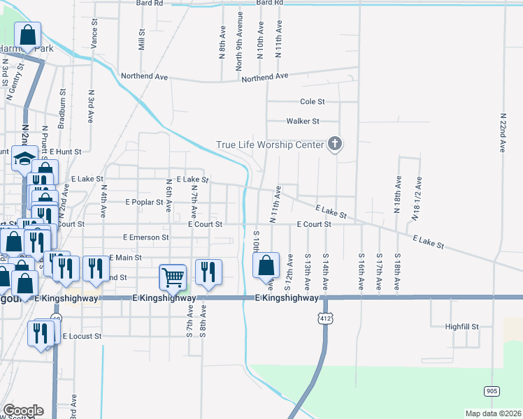 map of restaurants, bars, coffee shops, grocery stores, and more near 107 North 10th Avenue in Paragould