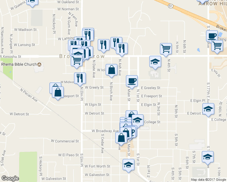 map of restaurants, bars, coffee shops, grocery stores, and more near 515 North Birch Avenue in Broken Arrow