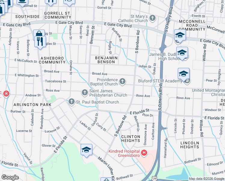 map of restaurants, bars, coffee shops, grocery stores, and more near 919 Ross Avenue in Greensboro