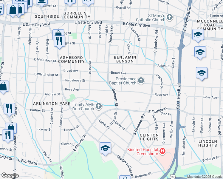 map of restaurants, bars, coffee shops, grocery stores, and more near 833 Ross Avenue in Greensboro