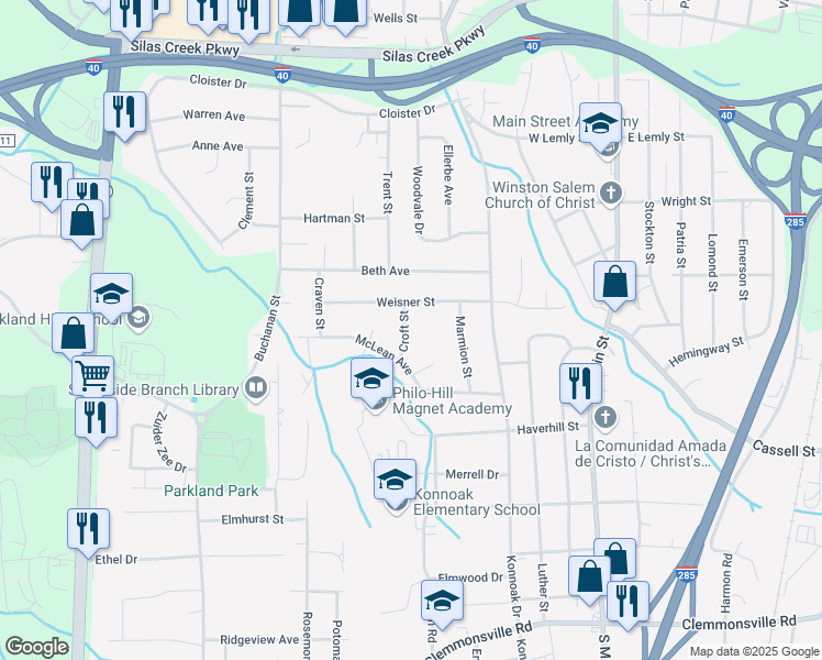 map of restaurants, bars, coffee shops, grocery stores, and more near 3019 Croft Street in Winston-Salem