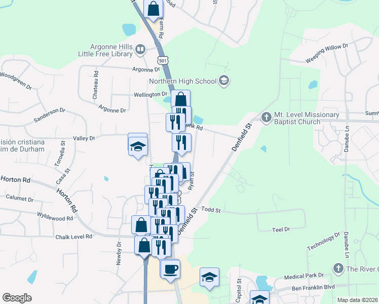 map of restaurants, bars, coffee shops, grocery stores, and more near 4506 Ryan Street in Durham