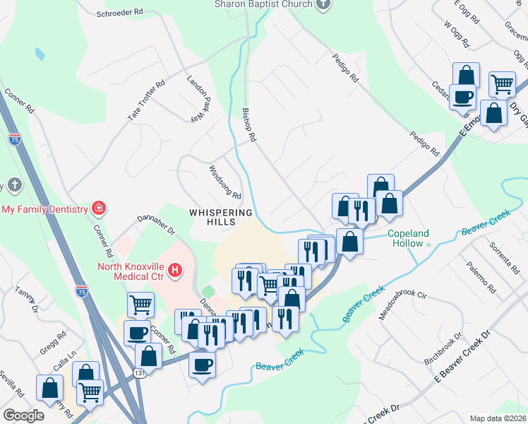 map of restaurants, bars, coffee shops, grocery stores, and more near 703 Genesis Lane in Knoxville