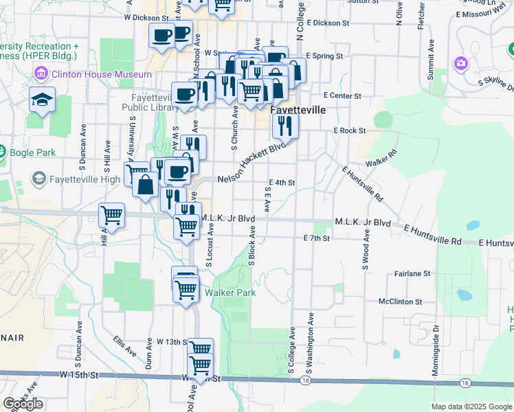 map of restaurants, bars, coffee shops, grocery stores, and more near 31 West 5th Street in Fayetteville