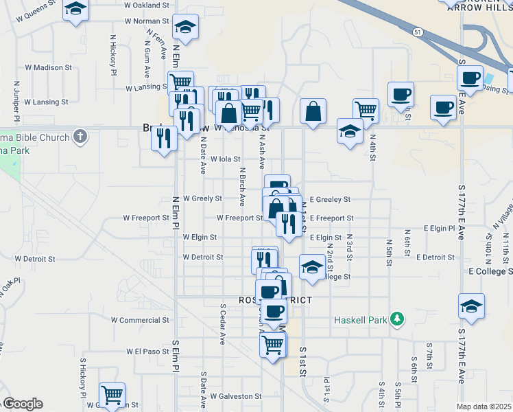 map of restaurants, bars, coffee shops, grocery stores, and more near 515 North Birch Avenue in Broken Arrow