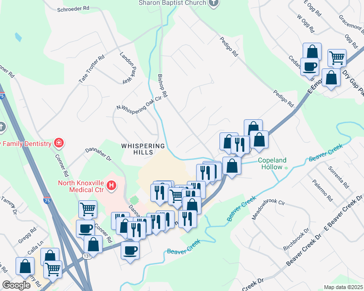 map of restaurants, bars, coffee shops, grocery stores, and more near 712 Genesis Lane in Knoxville