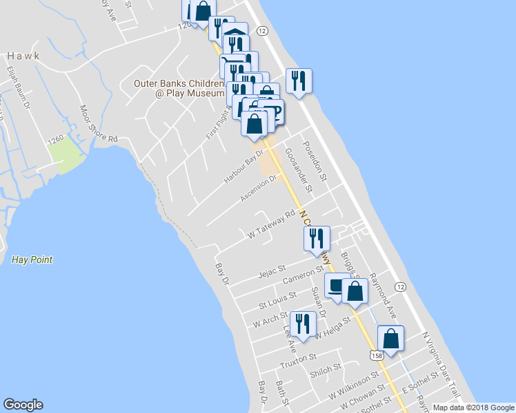 map of restaurants, bars, coffee shops, grocery stores, and more near 3615 Rabbit Hollow in Kitty Hawk