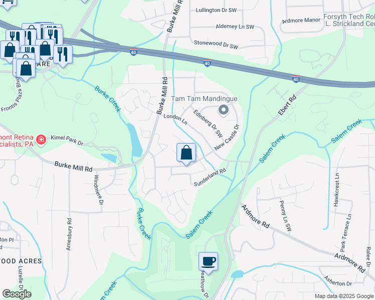 map of restaurants, bars, coffee shops, grocery stores, and more near 2718 Winslow Ln in Winston-Salem